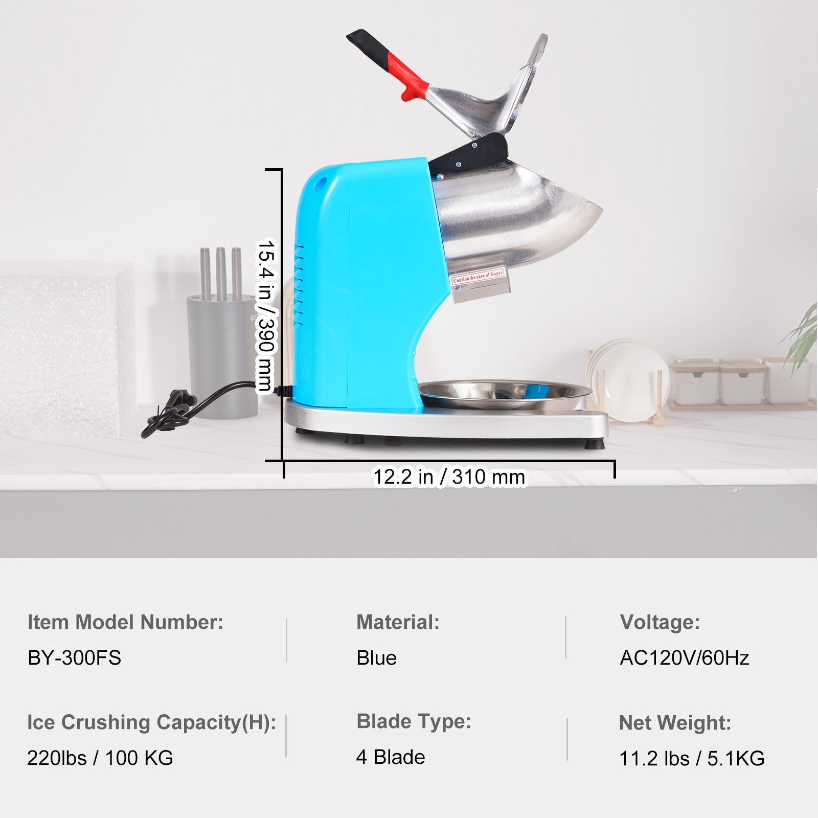 Electric Ice Crusher 220Lbs/Hr Snow Cone Machine Maker Shaved Ice 300W