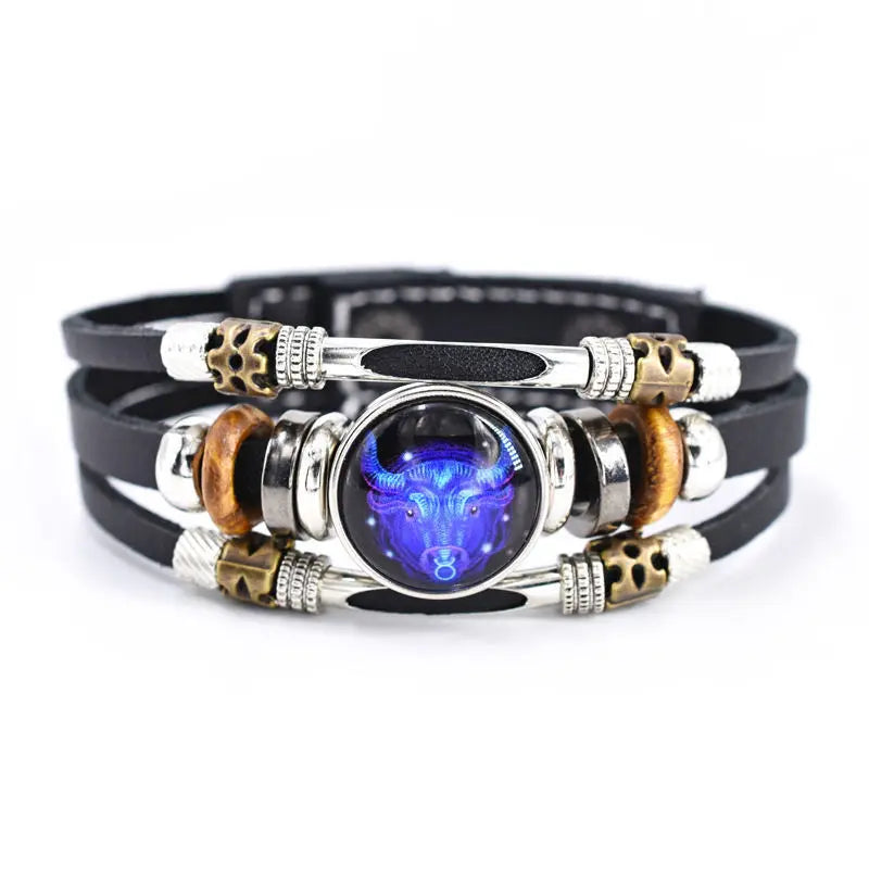 Twelve Constellations Luminous Leather Bracelet Retro Multi-Layer Beaded Leather Bracelet Jewelry Gifts for Men Women Couples