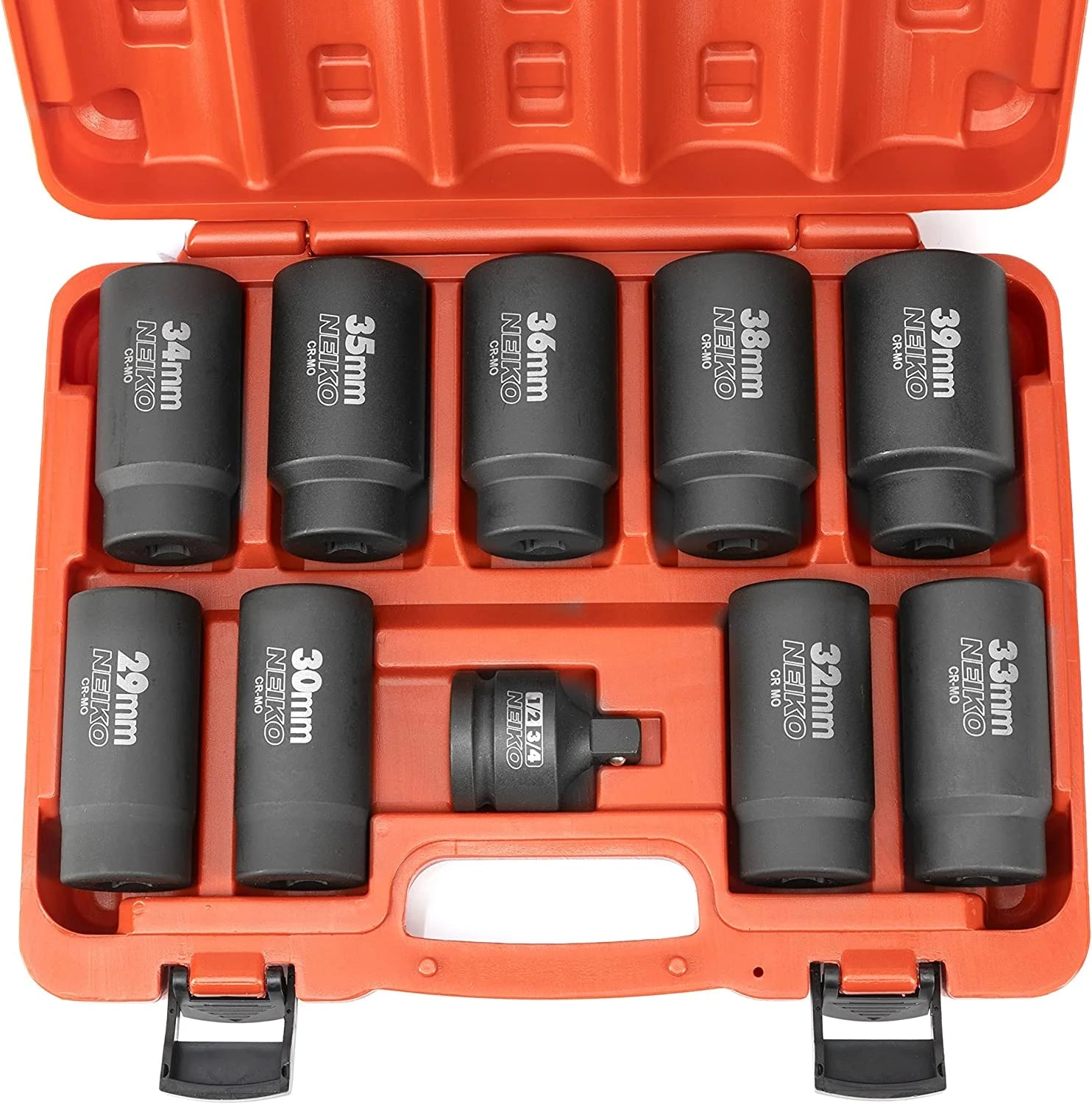 02531A 10 Piece 12 Point Socket Set 1/2” Drive, Lug Nut Remover, Spindle Nut Socket, Axle Nut Socket Set, Metric 29-39Mm Socket 1/2 Drive Impact Set, Cr-Mo Impact Adapter, 3/4" -1/2” Reducer