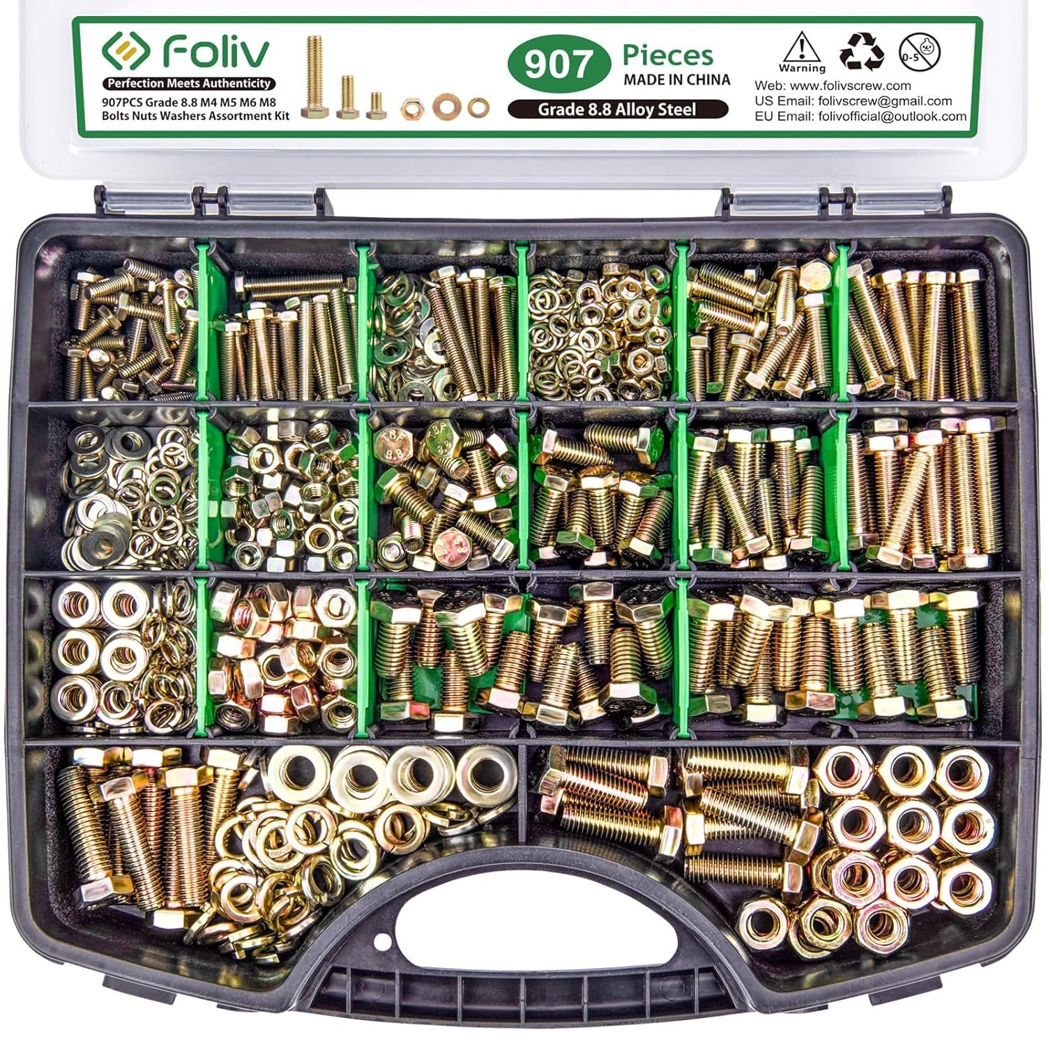 907-Piece Grade 8.8 Metric Bolt and Nut Assortment Kit, Yellow Zinc Plated