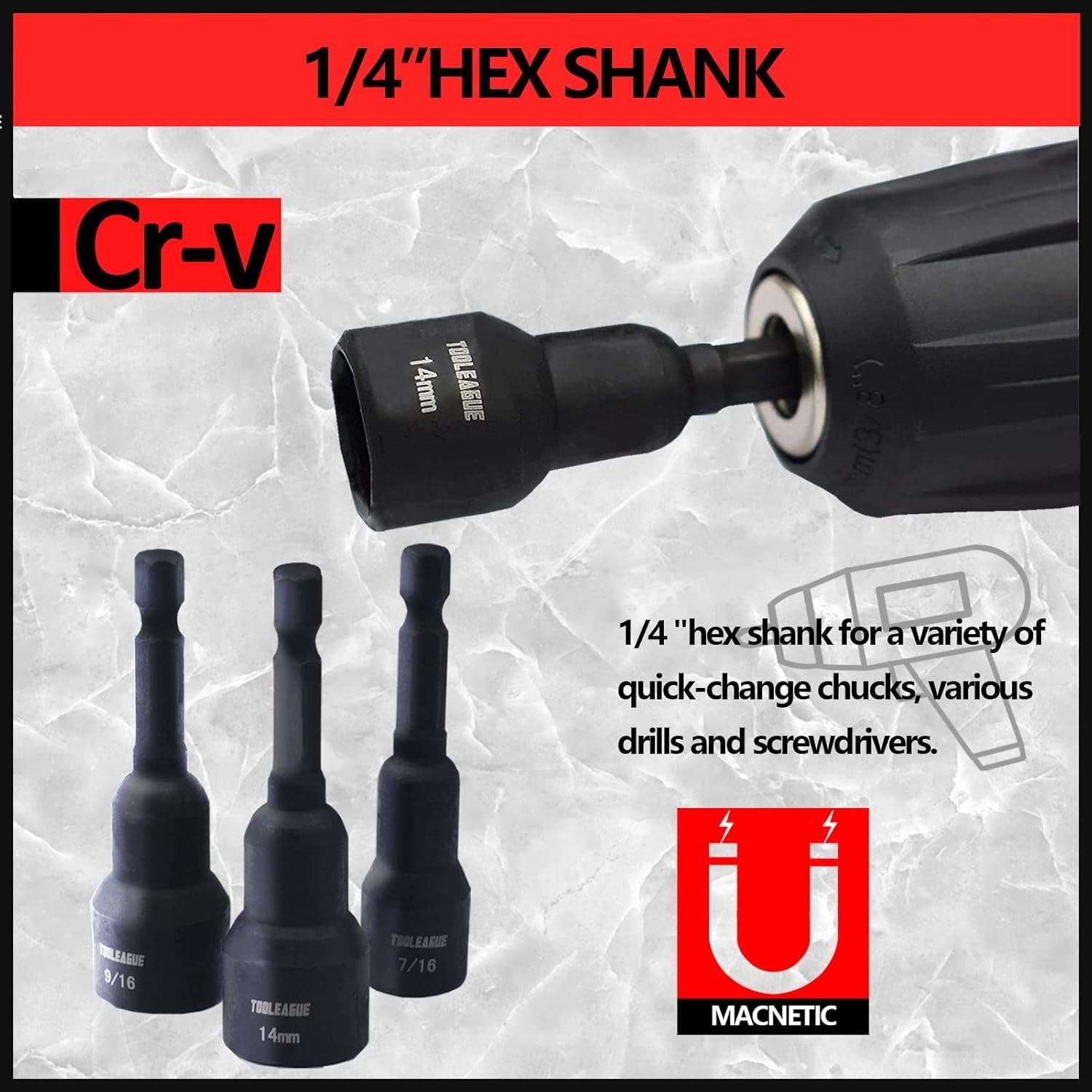 17Pcs Magnetic Nut Driver Set for Impact Drill Cr-V Steel 1/4" Quick-Change Hex Shank Metric/Sae Screwdriver with Storage Bag