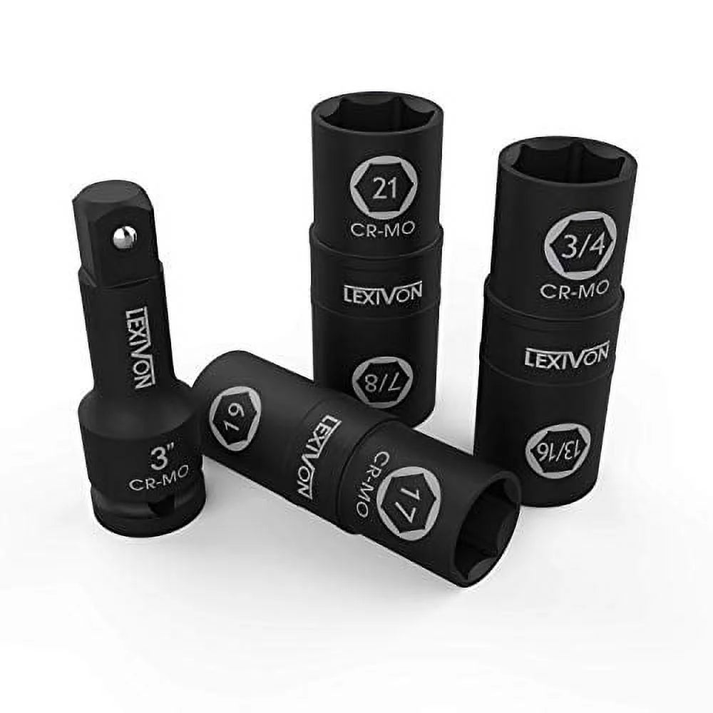 1/2-Inch Impact Socket Set, 6 Total Lug Nut Size, Innovative Flip Socket Design Cover Most Commonly Inch & Metric Use Sizes, Cr-Mo Steel = Fully Impact Grade (LX-111)