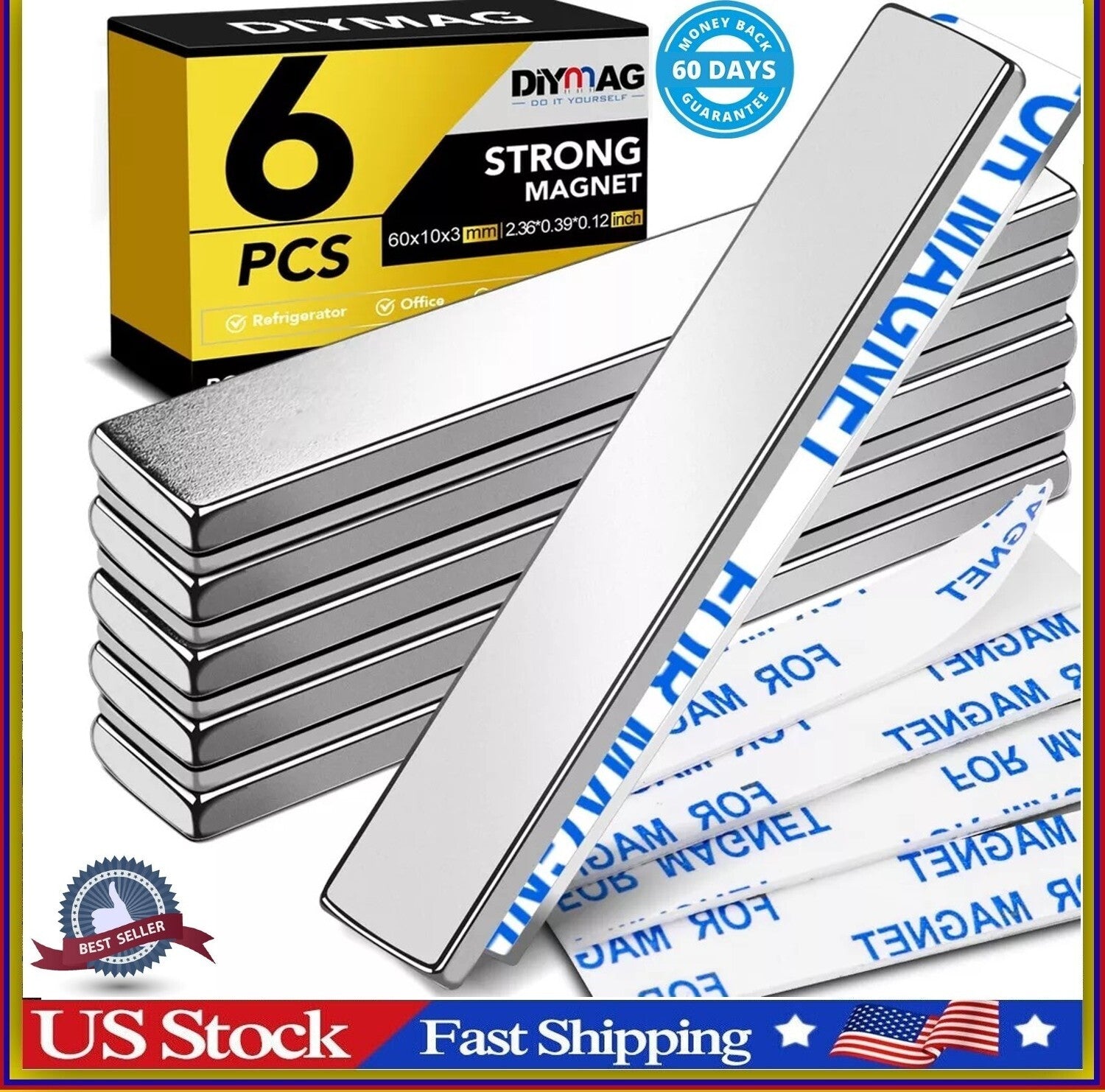Strong Magnet Strips Heavy Duty - Rare Earth Magnets with Adhesive - Pack of 6