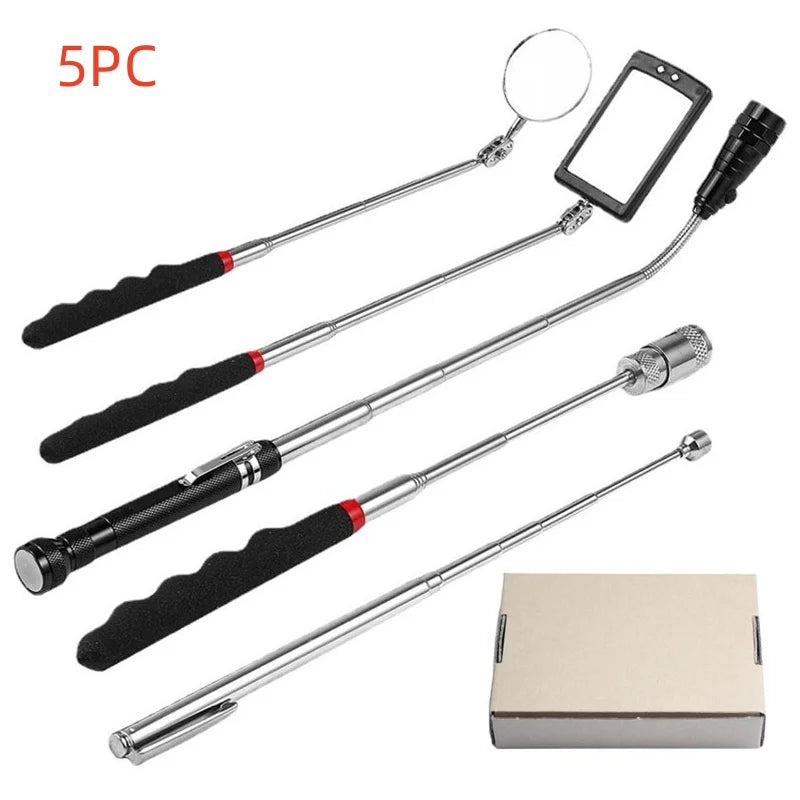 360° Inspection Mirror LED Light Telescoping Mirrors Extend Mechanic Tools Inspection Mirror Telescopic Handle Repairing Tools