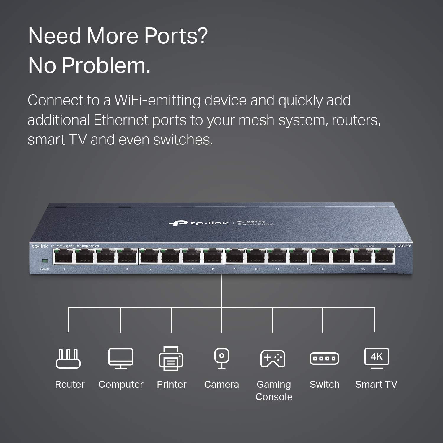 16 Port Gigabit Ethernet Network Switch, Desktop/ Wall-Mount, Fanless, Sturdy Metal W/ Shielded Ports, Traffic Optimization, Unmanaged (TL-SG116) Black