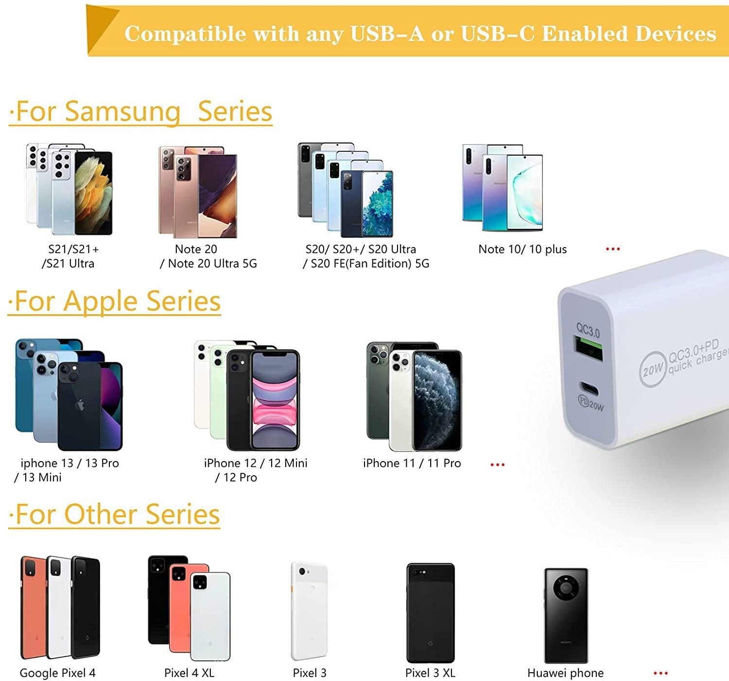1000X Lot 20W PD Fast Wall Charger Dual Port Adapter USB C QC for Iphone Samsung