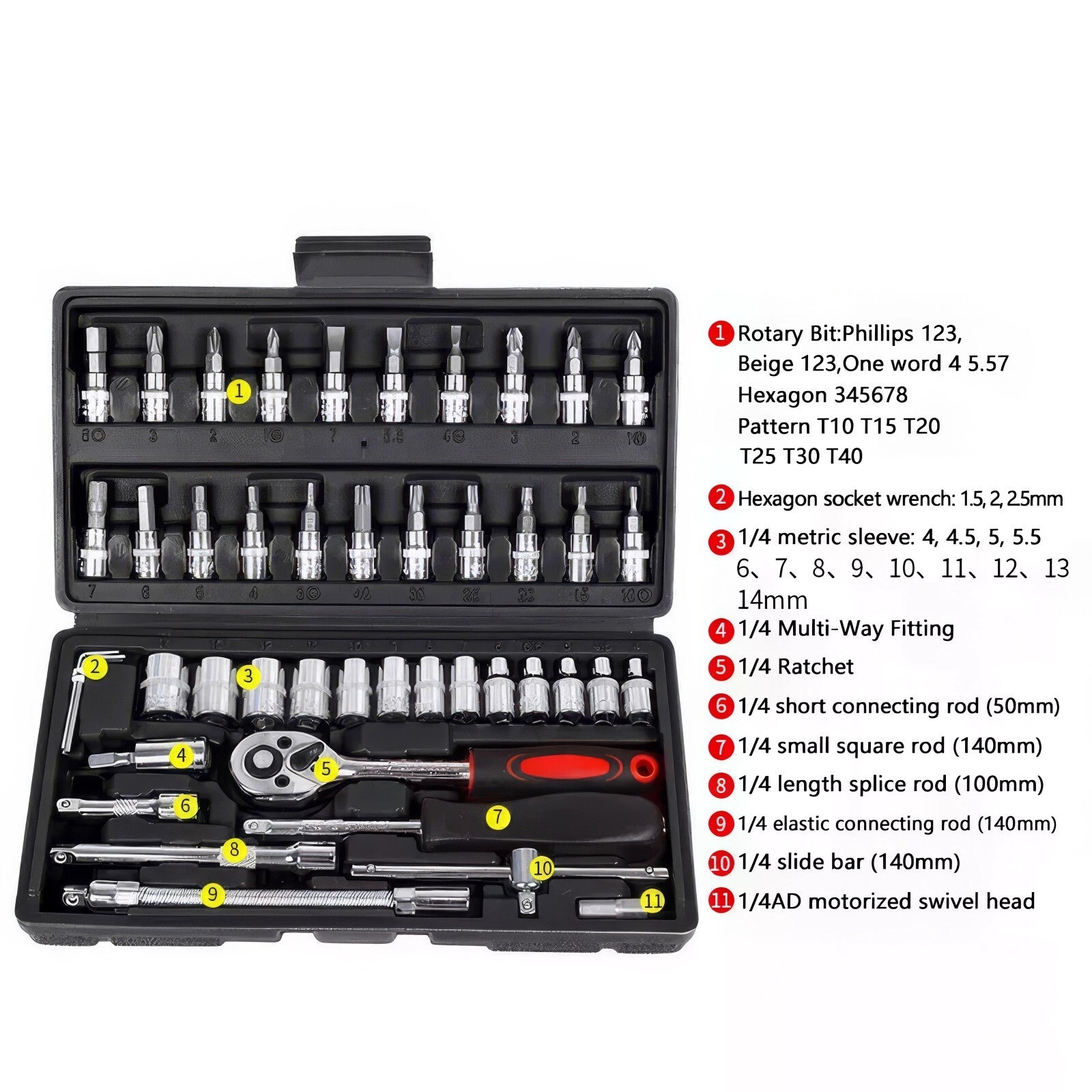 46Pcs Socket Set Car Repair Tool Ratchet Torque Wrench Kit 1/4" Drive with Box