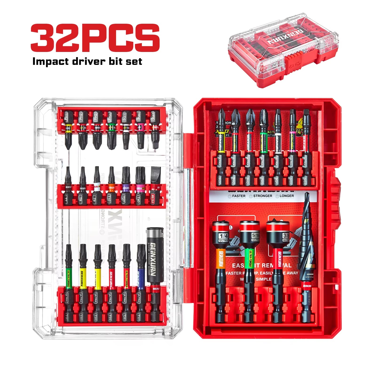 GEINXURN 32Pcs Industrial Impact Screwdriver Set 25Mm 50Mm Nut Driver 65Mm Step Drill Bit Color-Coded PH SQ TX SL8 Fast DIY