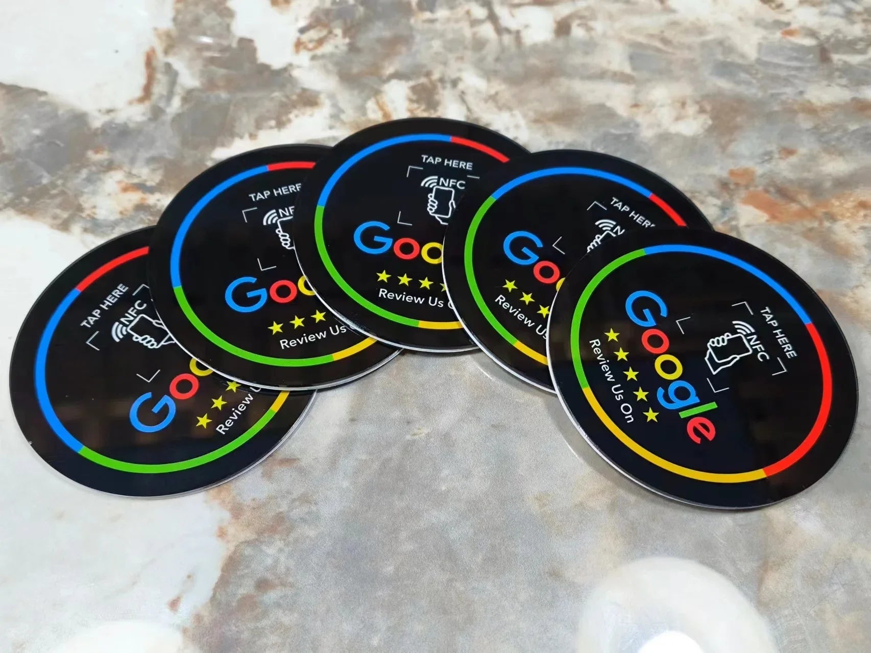 13.56Mhz Programmable Acrylicl with Self-Adhesive Backing NFC Table Sticker Diameter 10CM Google Reviews NFC Sticker NFC 215