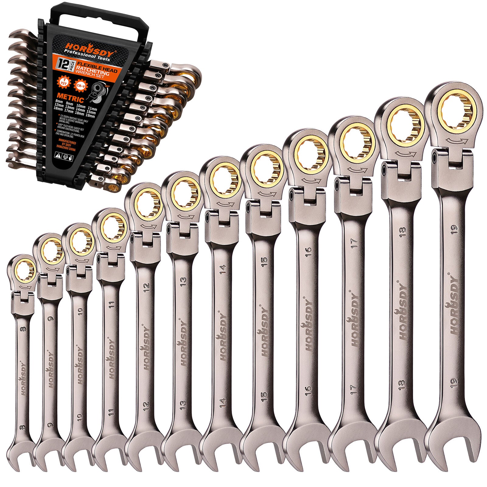12PC Flex-Head Ratcheting Wrench Set Set W/ Organizer Metric/Sae 8-9Mm 1/4”-7/8“