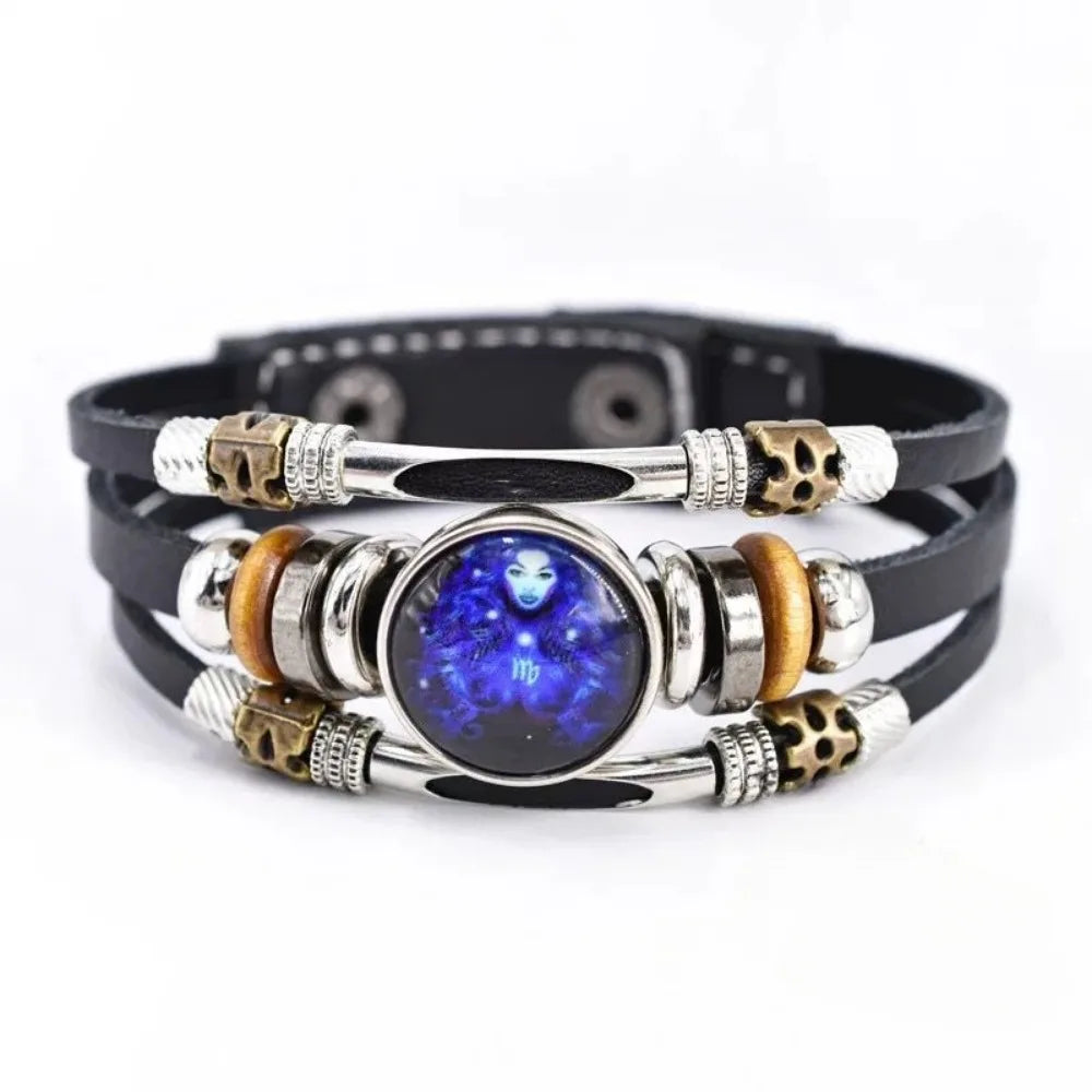 Twelve Constellations Luminous Leather Bracelet Retro Multi-Layer Beaded Leather Bracelet Jewelry Gifts for Men Women Couples