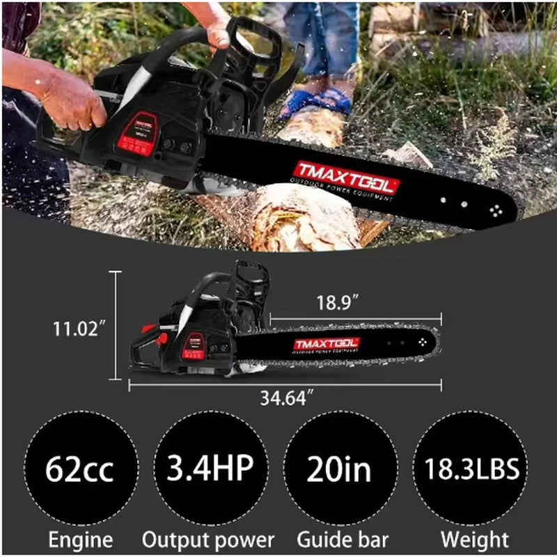 FCJ TMAXTOOL 62Cc Gas Chainsaw 20 Inch Powerful 2-Stroke for Pruning Industrial Grade Electric Tool
