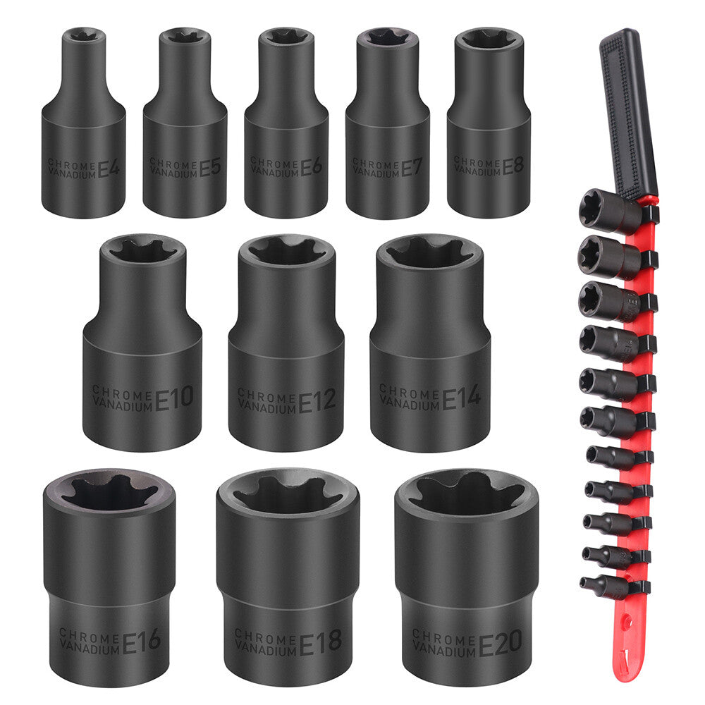 11 Pc Female E Torx Star Socket Set & Rail E4-E20 Driver Torque Socket 3/8" 1/4"