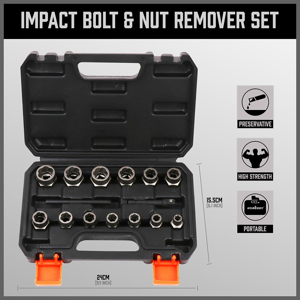Impact Bolt Extractor Set Nut Remover Set Stripped Extraction Socket Tools 15Pcs