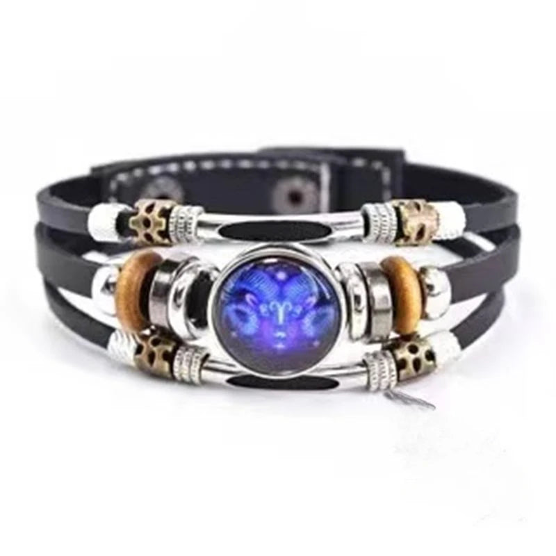 Twelve Constellations Luminous Leather Bracelet Retro Multi-Layer Beaded Leather Bracelet Jewelry Gifts for Men Women Couples