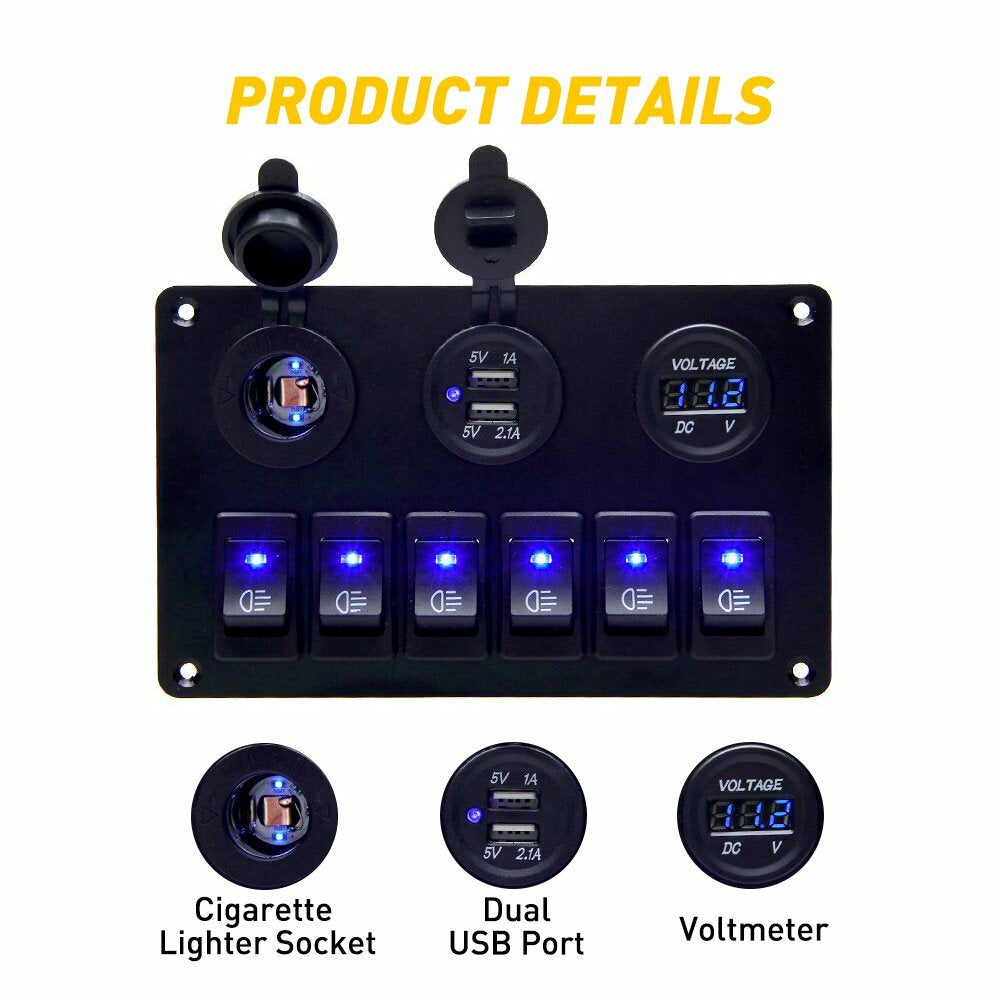 6 Gang Blue Rocker Switch Panel Circuit Breaker LED Waterproof Car Marine Boat