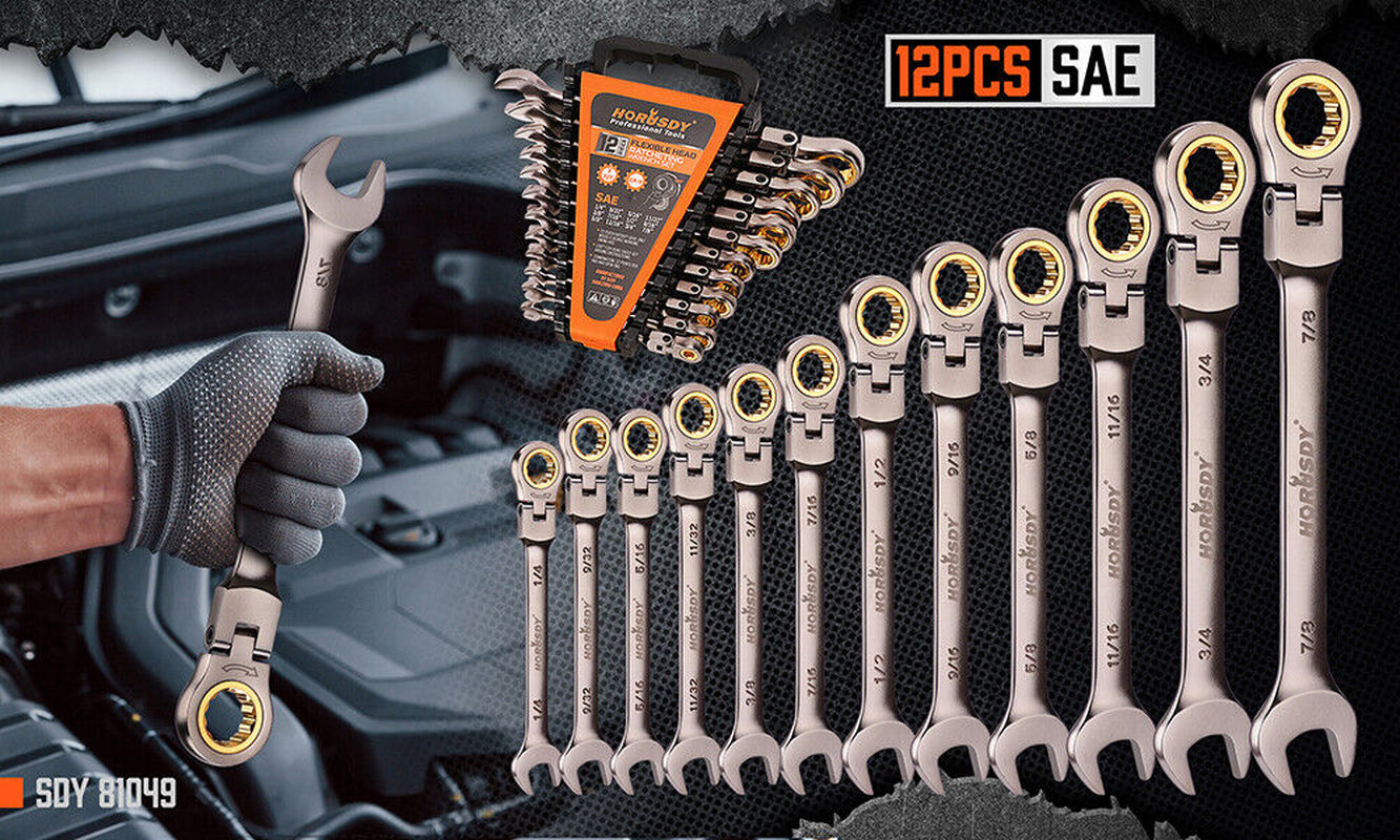 12PC Flex-Head Ratcheting Wrench Set Set W/ Organizer Metric/Sae 8-9Mm 1/4”-7/8“