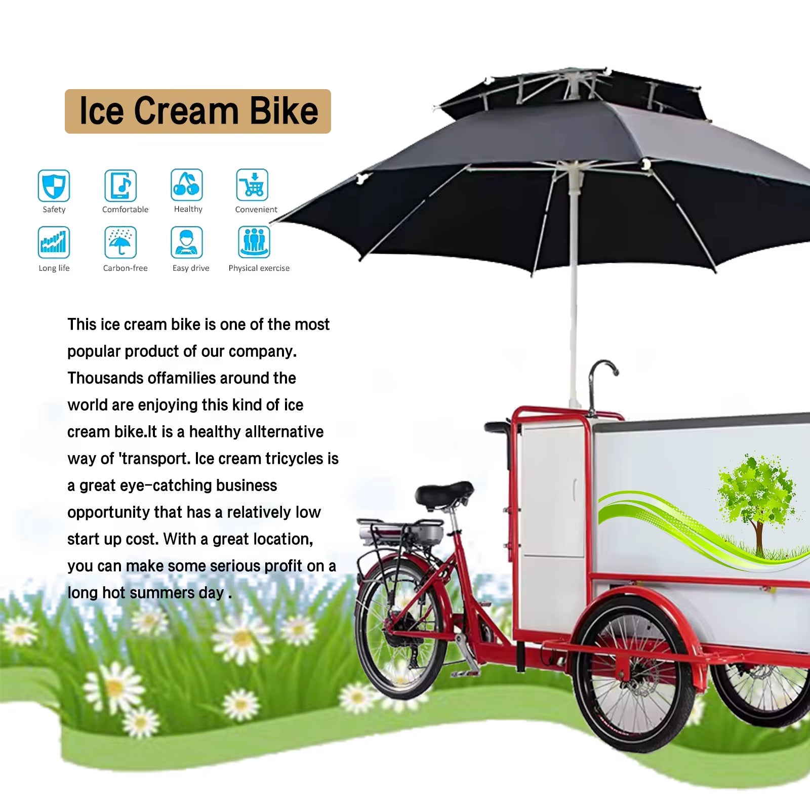 Electric Ice Cream Tricycle Cart Street Sale with Freezer Beverage Water Treatment System and Pump Installation Required