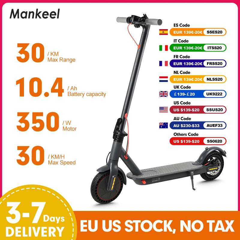 MK083 350W Electric Scooter for Adults 36V 10.4AH Max Range 30KM Folding E-Scooter Smart Kick Scooter