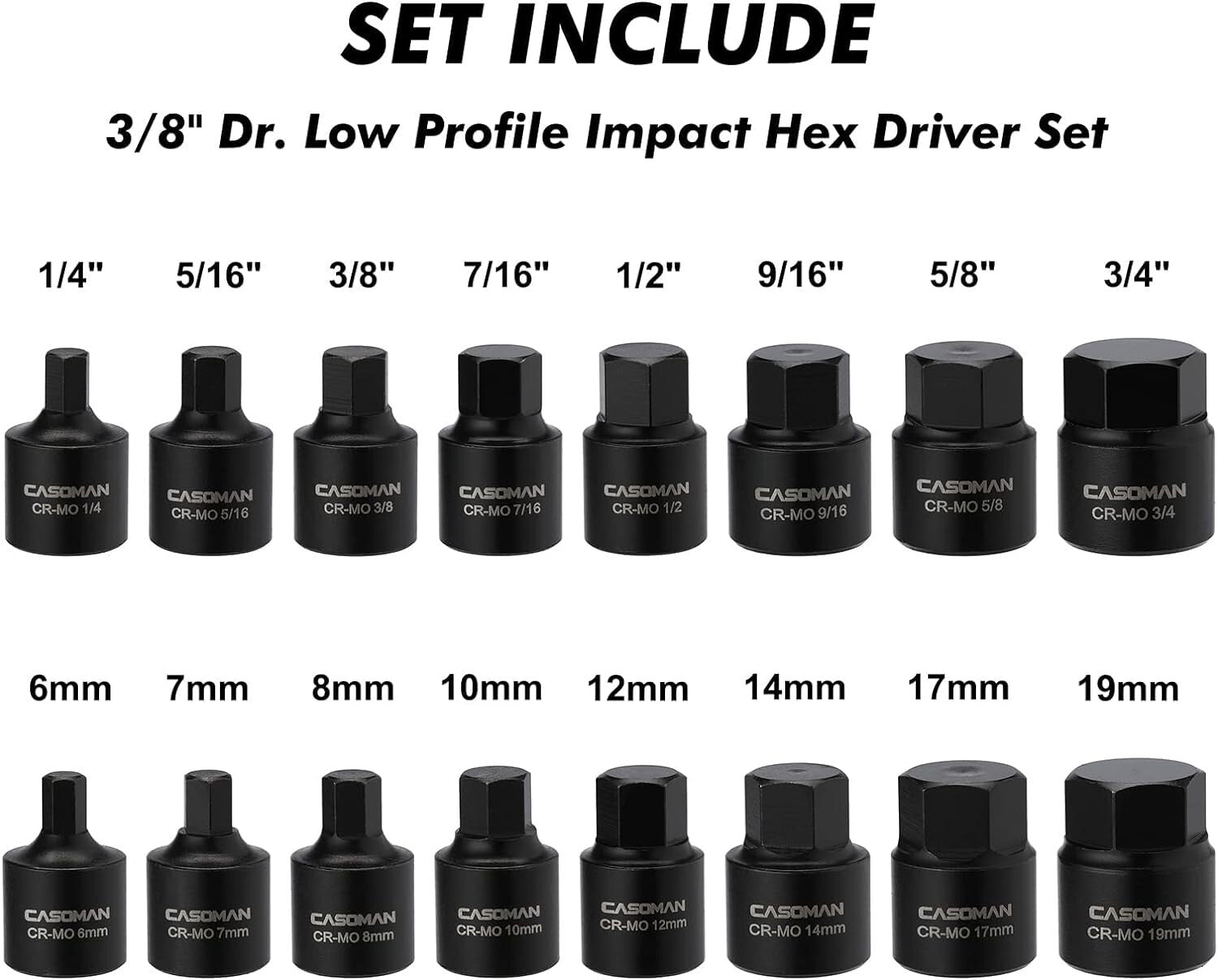 16 PCS 3/8" Drive Low Profile Impact Driver Set SAE & Metric Hex Bit Socket Set