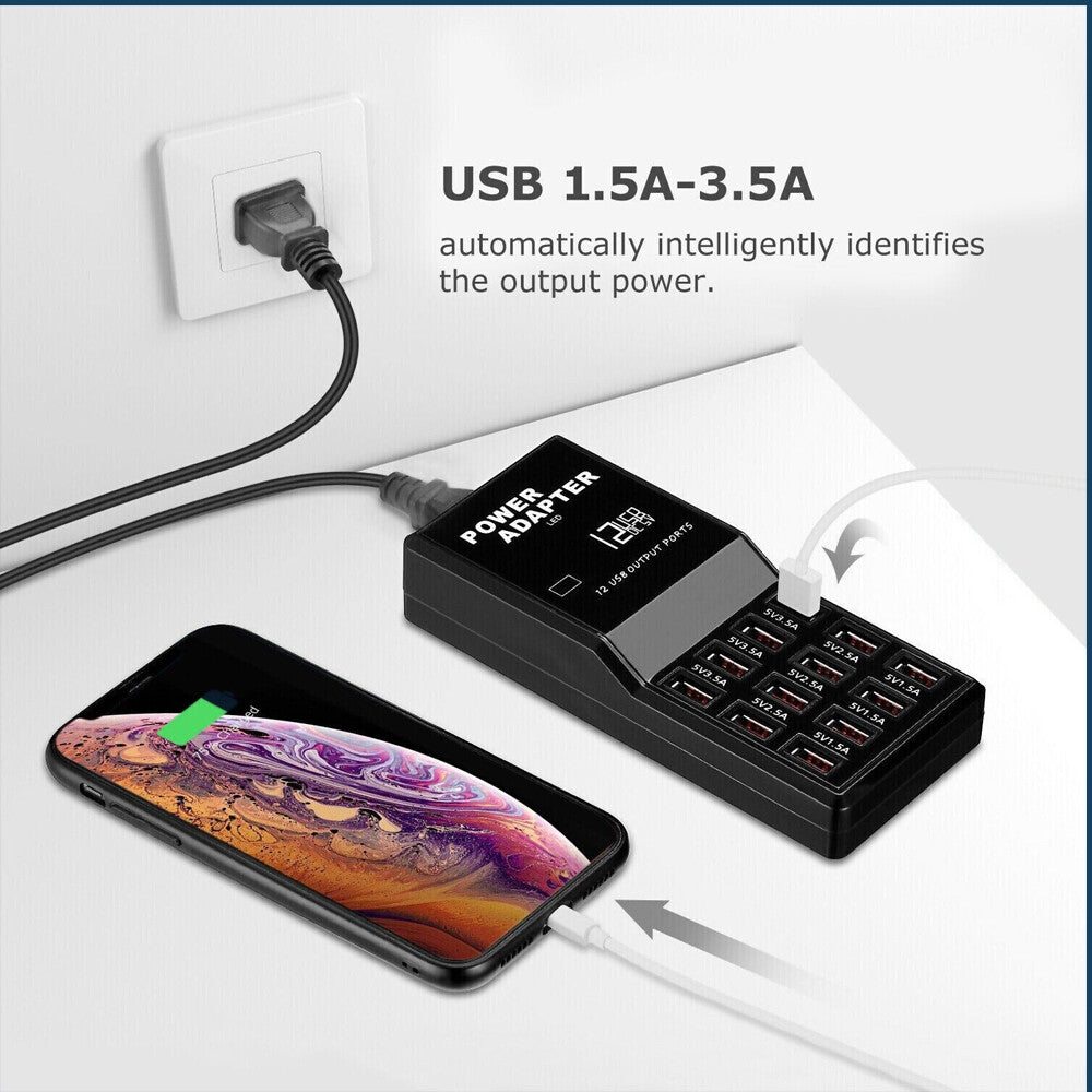 Multi 12 Port USB Charging Station Hub Desktop Wall Cell Phone Charger Organizer