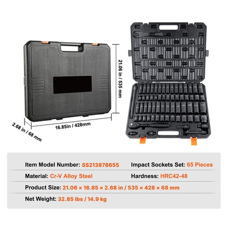 VEVOR Impact Sockets Set 65Pcs 6-Point 1/2In Drive Bit Ratchet Tool Kit Case