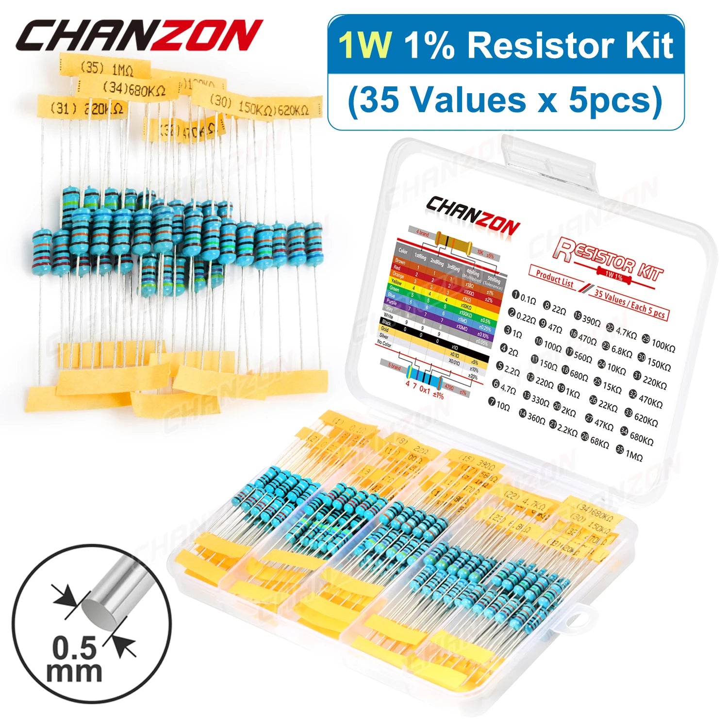 175Pcs/Pack 35 Values 1W 1% High Precision Metal Film Resistors Kit 10 100 470 4.7K 10K Ohm 1 W Watt Resistance Assortment Set