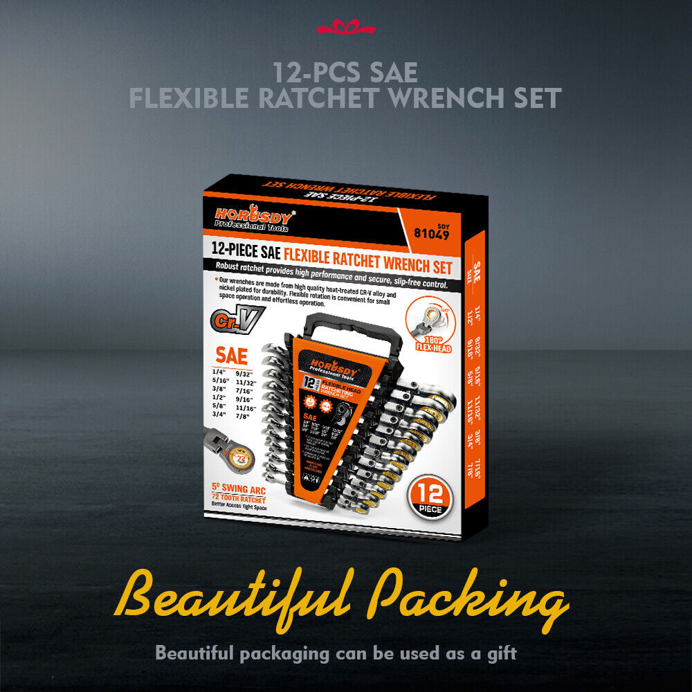12PC Flex-Head Ratcheting Wrench Set Set W/ Organizer Metric/Sae 8-9Mm 1/4”-7/8“