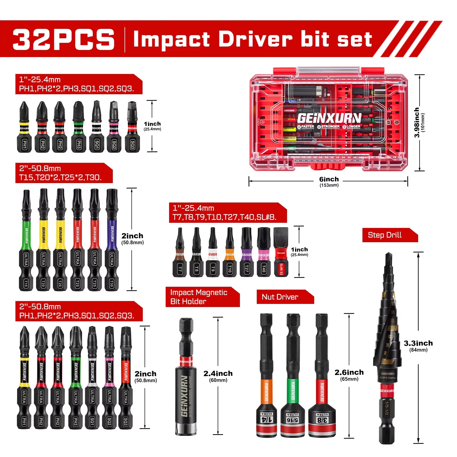 GEINXURN 32Pcs Industrial Impact Screwdriver Set 25Mm 50Mm Nut Driver 65Mm Step Drill Bit Color-Coded PH SQ TX SL8 Fast DIY