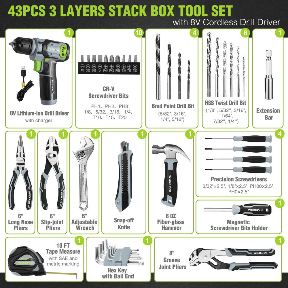 43PCS Cordless Lithium-Ion Drill Driver and Toolbox, 8V 2.0 Ah Power Drill Set with Household Hand Tool Kit, Battery Powered Screwdriver with Stackable Tool Box, Home Tool Set for Repair, DIY