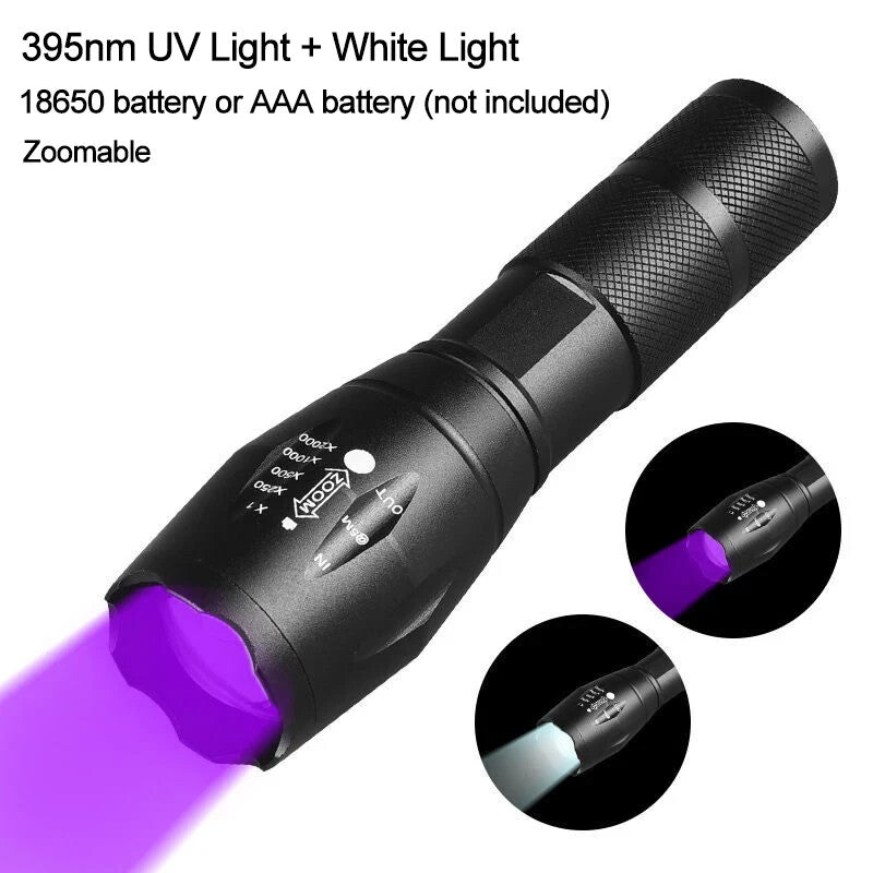 UV Flashlight LED Torch Zoomable Ultra Violet Black White Dual Light Detector