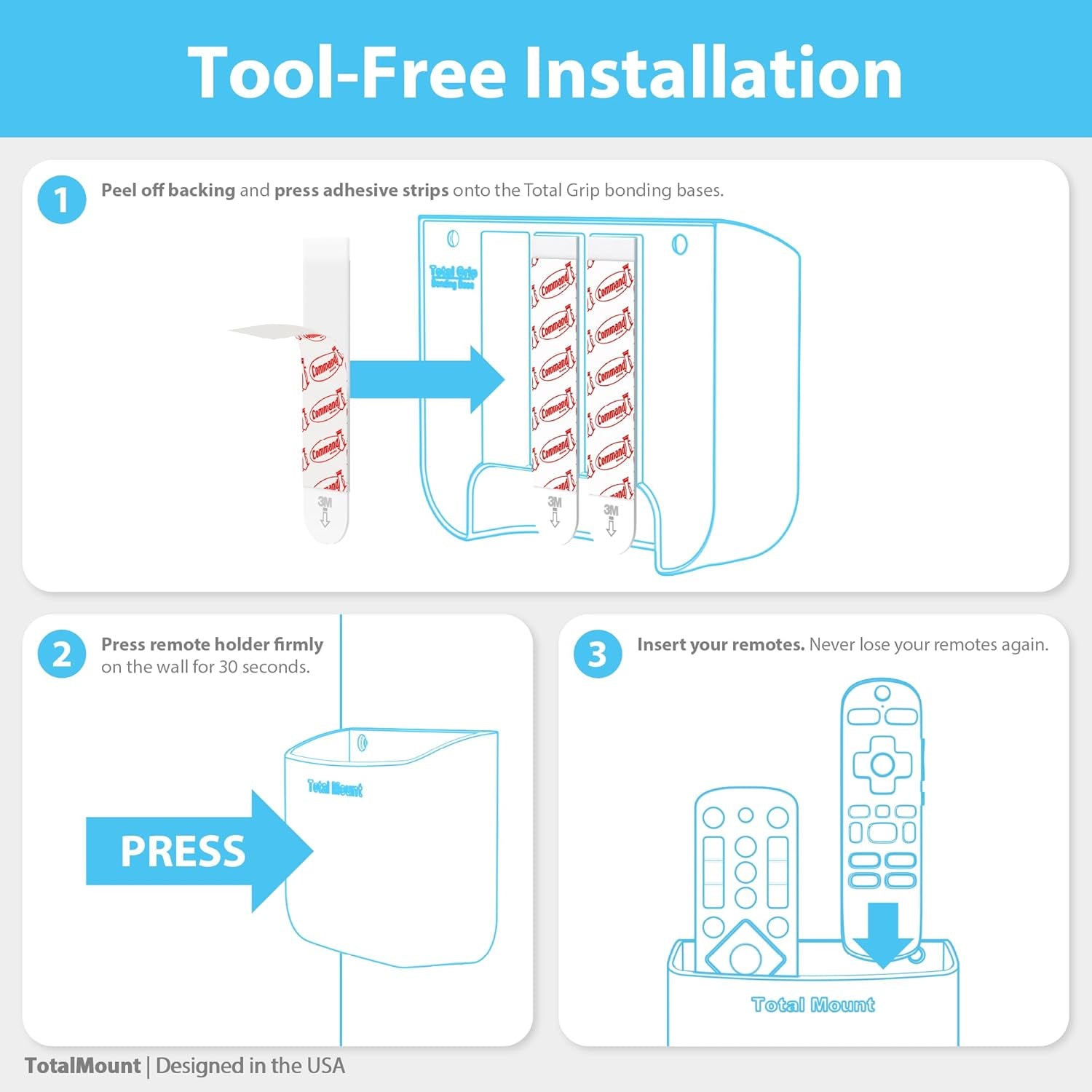 Hole-Free Remote Holders – Eliminate Need to Drill Holes in Your Wall (For 2 or 3 Remote Controls – Black – Quantity 2)