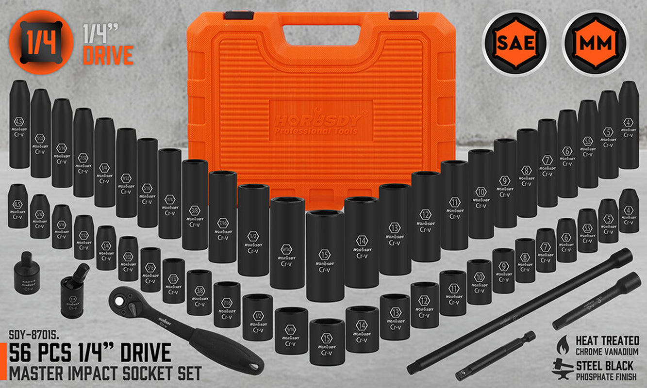 56PC 1/4" Drive Impact Deep Socket Set Extension Bar Universal Joint SAE Metric
