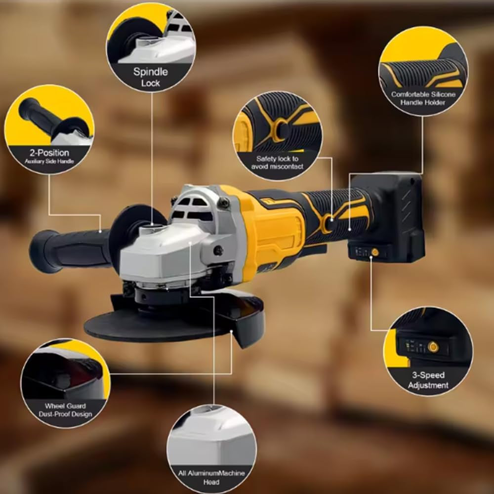 Cordless Angle Grinder for Dewalt 20V MAX Battery, 4-1/2" Brushless Motor Power Tool, 9000RPM, 6 Variable Speeds, Angle Grinder Compatible with Dewalt for Cutting, Grinding, Polishing (Tool Only)