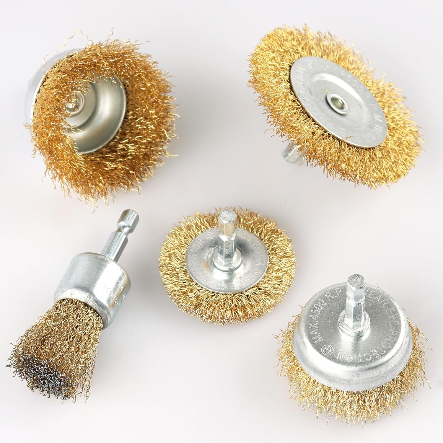 5 Pcs Wire Brush for Drill Set, Brass Wire Wheel for Drill, 1/4 Inch Hex Shank,