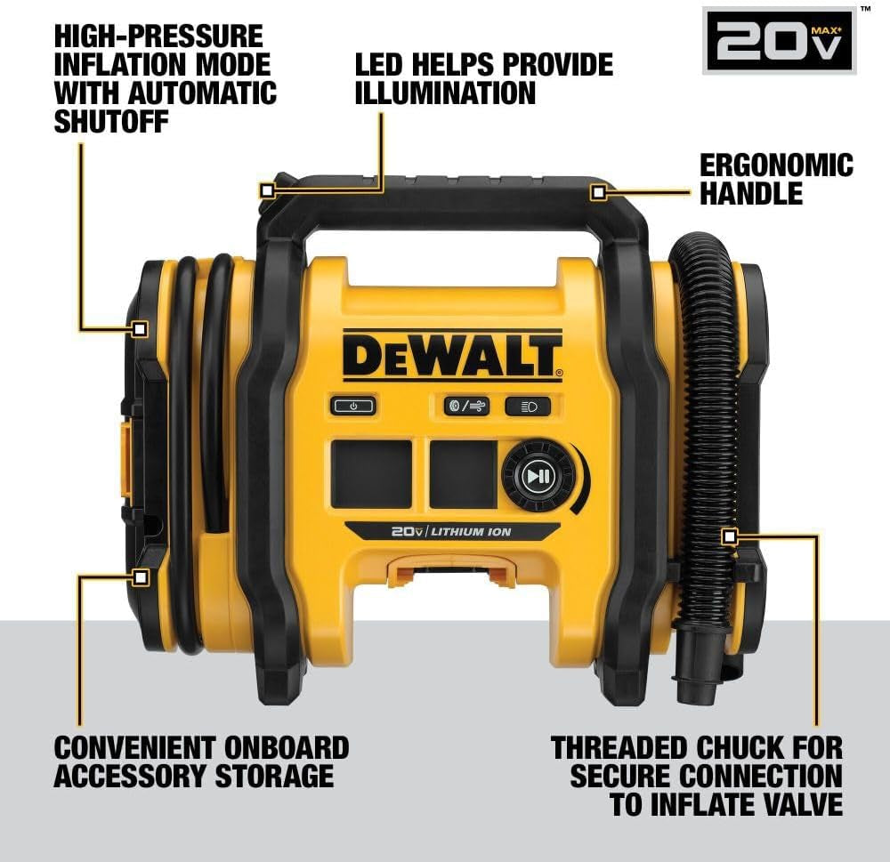 Tire Inflator Portable Air Compressor 20V MAX, Air Pump with Automatic Shut Off, LED Light, Tool Only (DCC020IB)