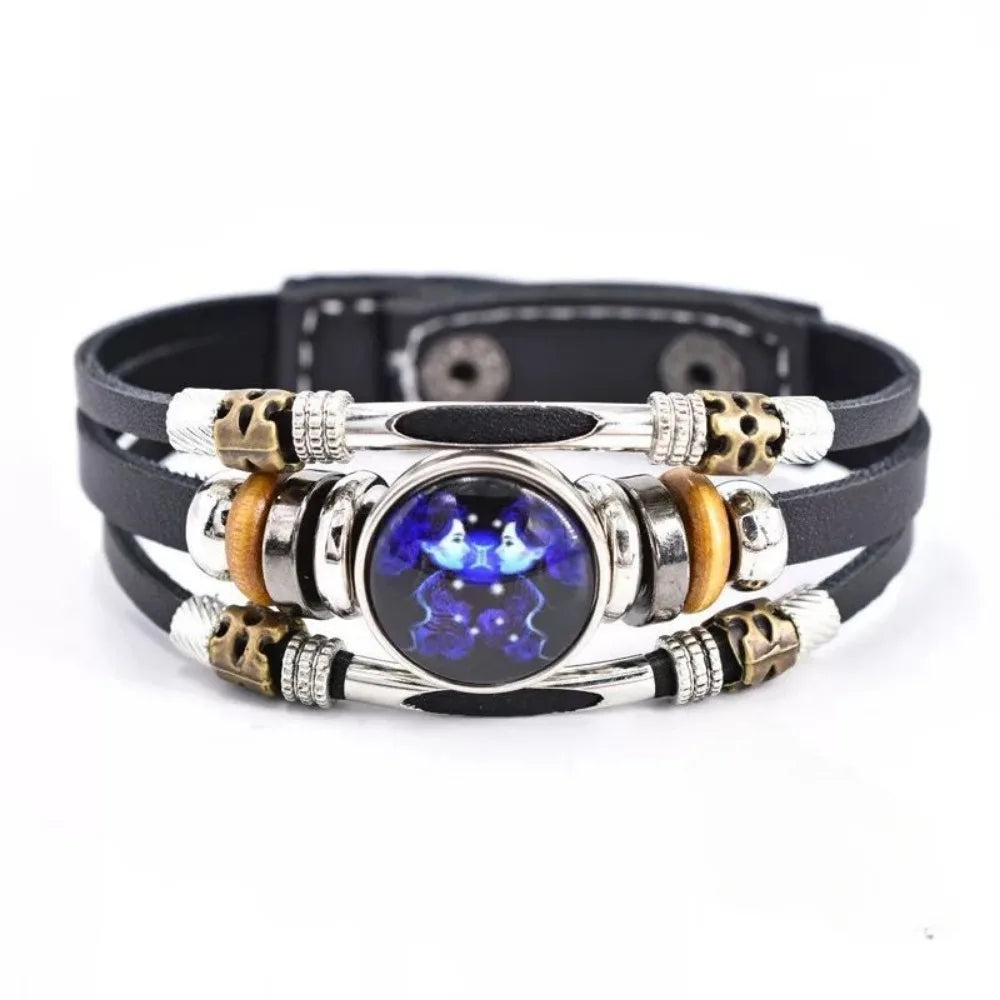 Twelve Constellations Luminous Leather Bracelet Retro Multi-Layer Beaded Leather Bracelet Jewelry Gifts for Men Women Couples