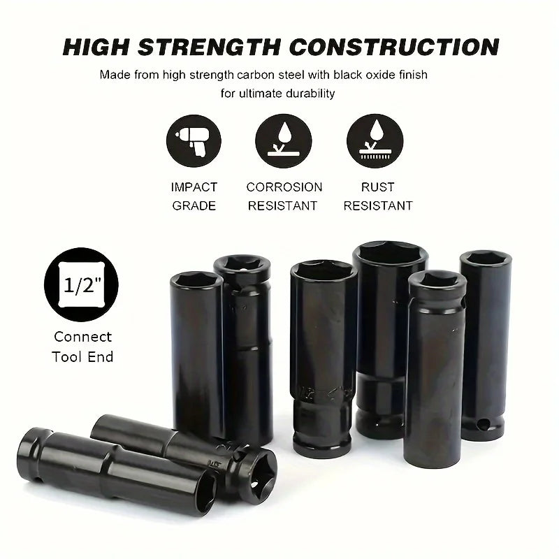 10-Pack 1/2" Drive Socket Set, 6-Point Hexagon Impact Socket Set, 8-24Mm Impact Socket Set with Storage Box