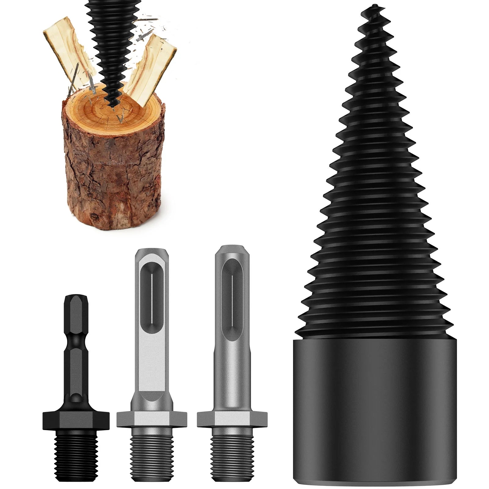 Wood Splitting Drill Bit High Speed Steel Firewood Log Splitter Drill Bit Wood Punch Cone Driver Drill Bit Woodworking Tool with Connecting Rod for Electric Drill Power Tool