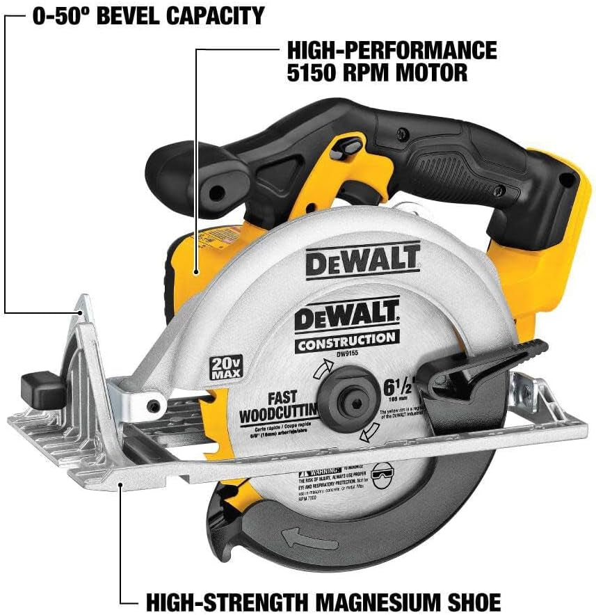 20V MAX Circular Saw, 6-1/2-Inch Blade, 460 MWO Engine, 0-50 Degree Bevel Capability, Bare Tool Only (DCS391B)