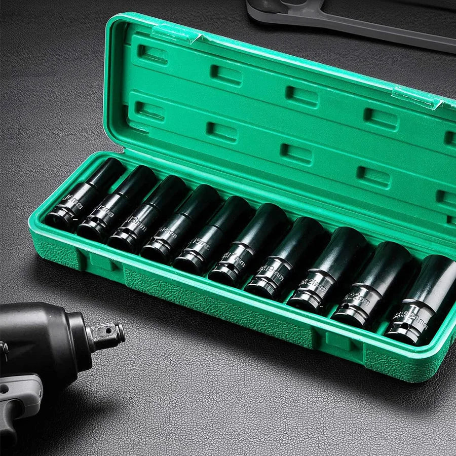 1/2Inch Drive 6-Point Impact Socket Set 10-Piece Metric Sizes 8-24M/10-24Mm Carbon Steel Impact Socket Set with Hard Storage Box