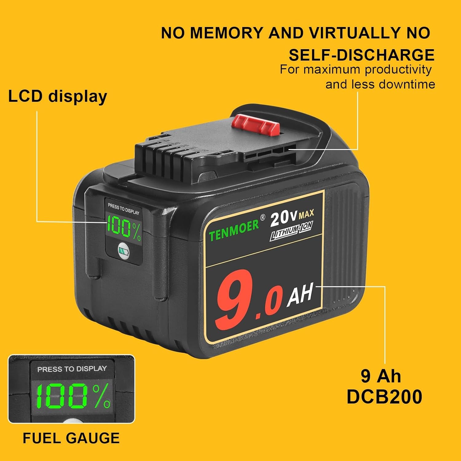 2 Pack DCB200 20V 9.0Ah Replacement Battery Compatible with Dewalt 20V Cordless Tools with Digital Indicator