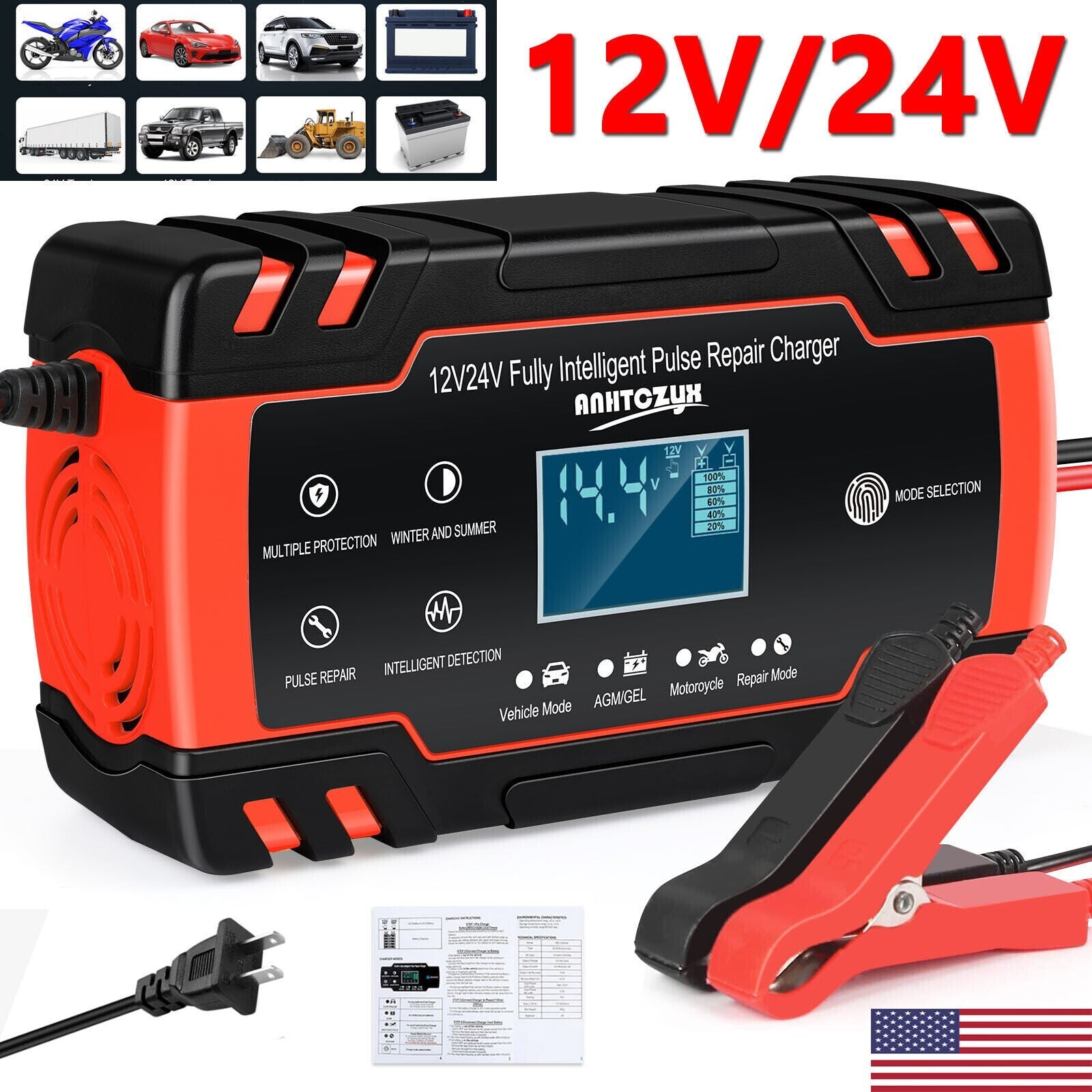 Automatic Intelligent Car Battery Charger 12/24V 8A Pulse Repair Starter AGM/GEL