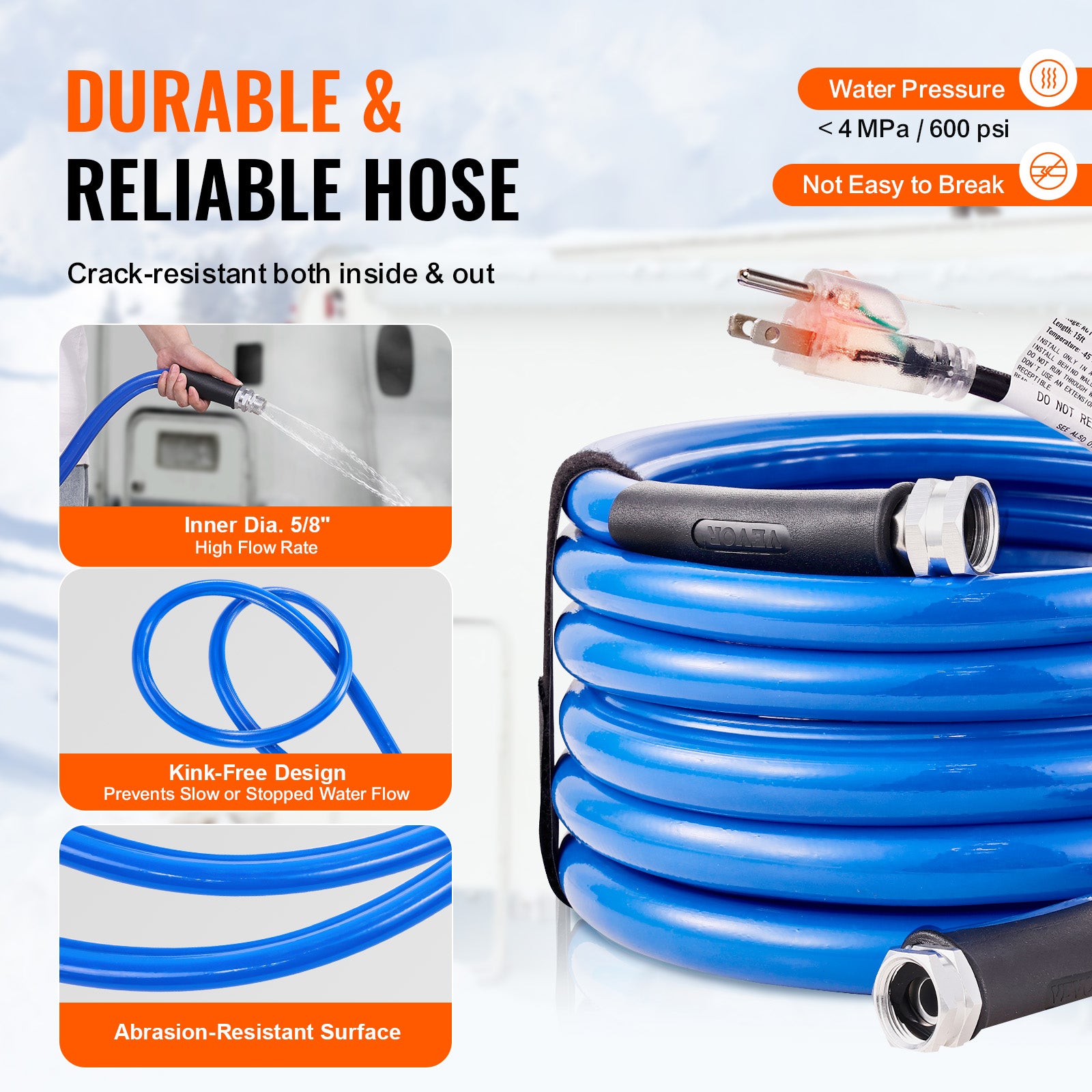 VEVOR Heated Water Hose 15Ft-100Ft for RV -45℉ Antifreeze Drinking Water Hose