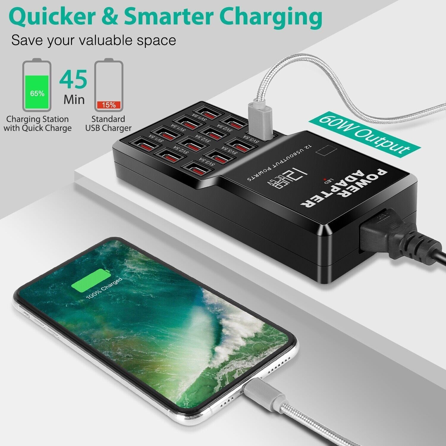 Multi 12 Port USB Charging Station Hub Desktop Wall Cell Phone Charger Organizer