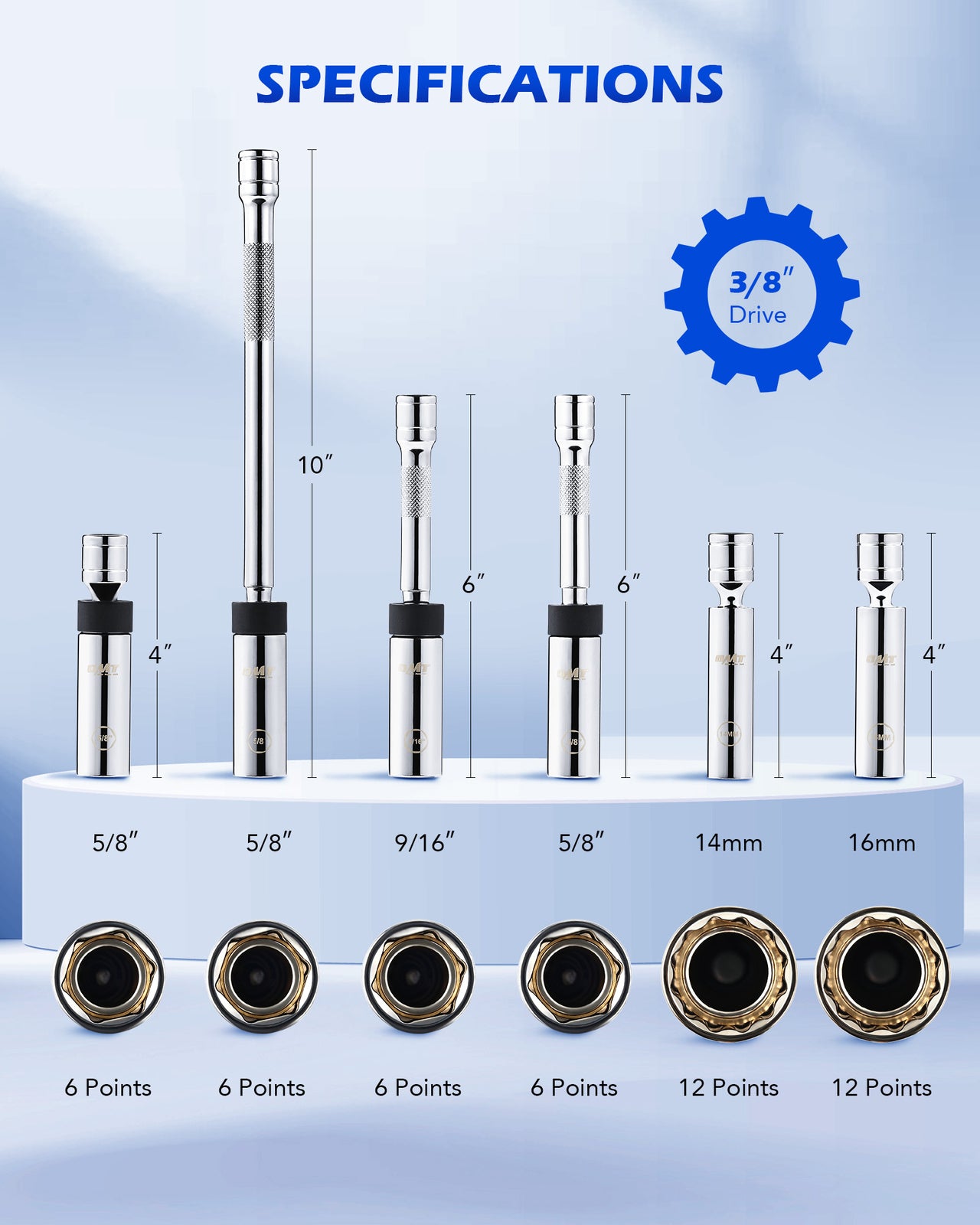 OMT 6Pc 3/8" Magnetic Spark Plug Socket Set Thin Wall Swivel Spark Plug Sockets