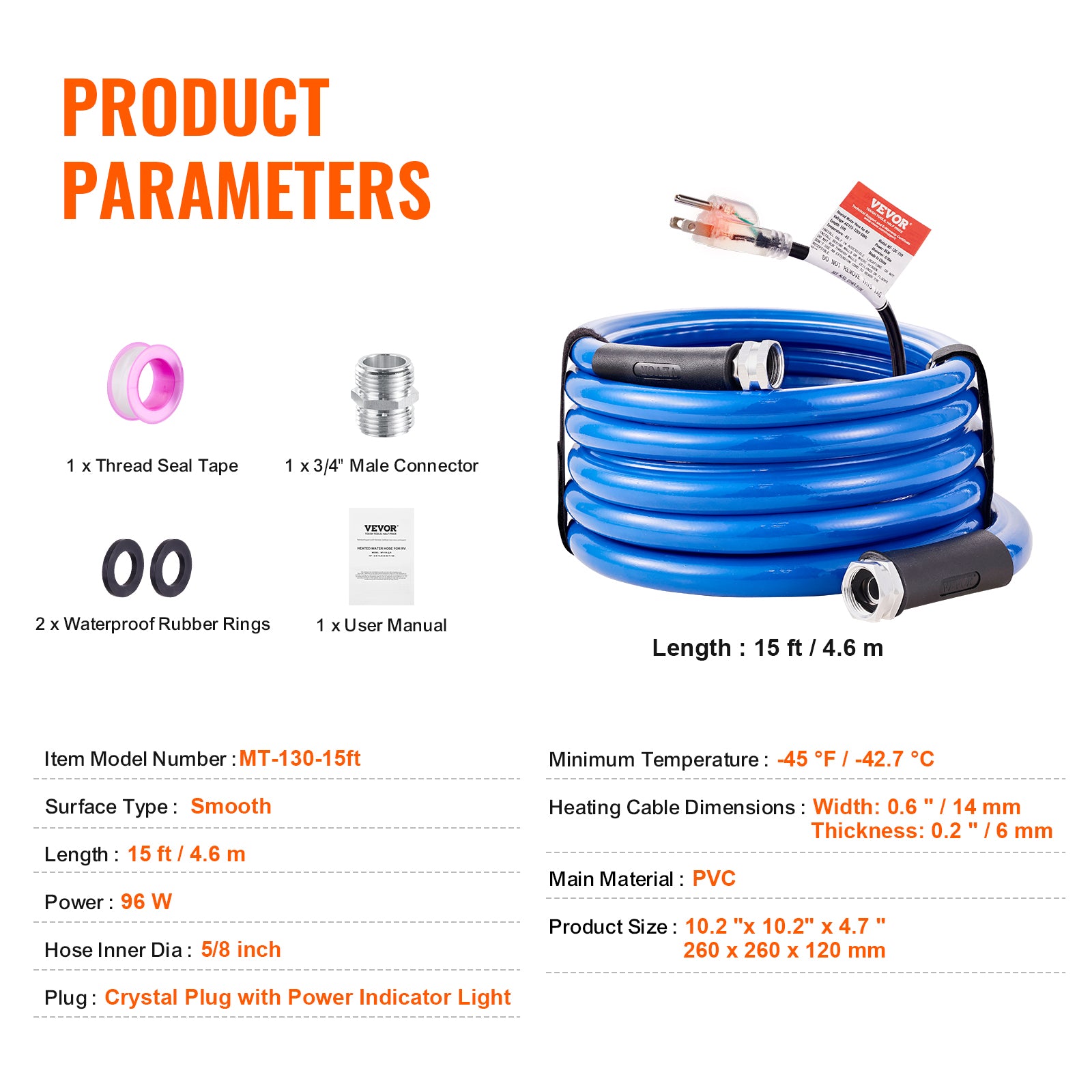 VEVOR Heated Water Hose 15Ft-100Ft for RV -45℉ Antifreeze Drinking Water Hose