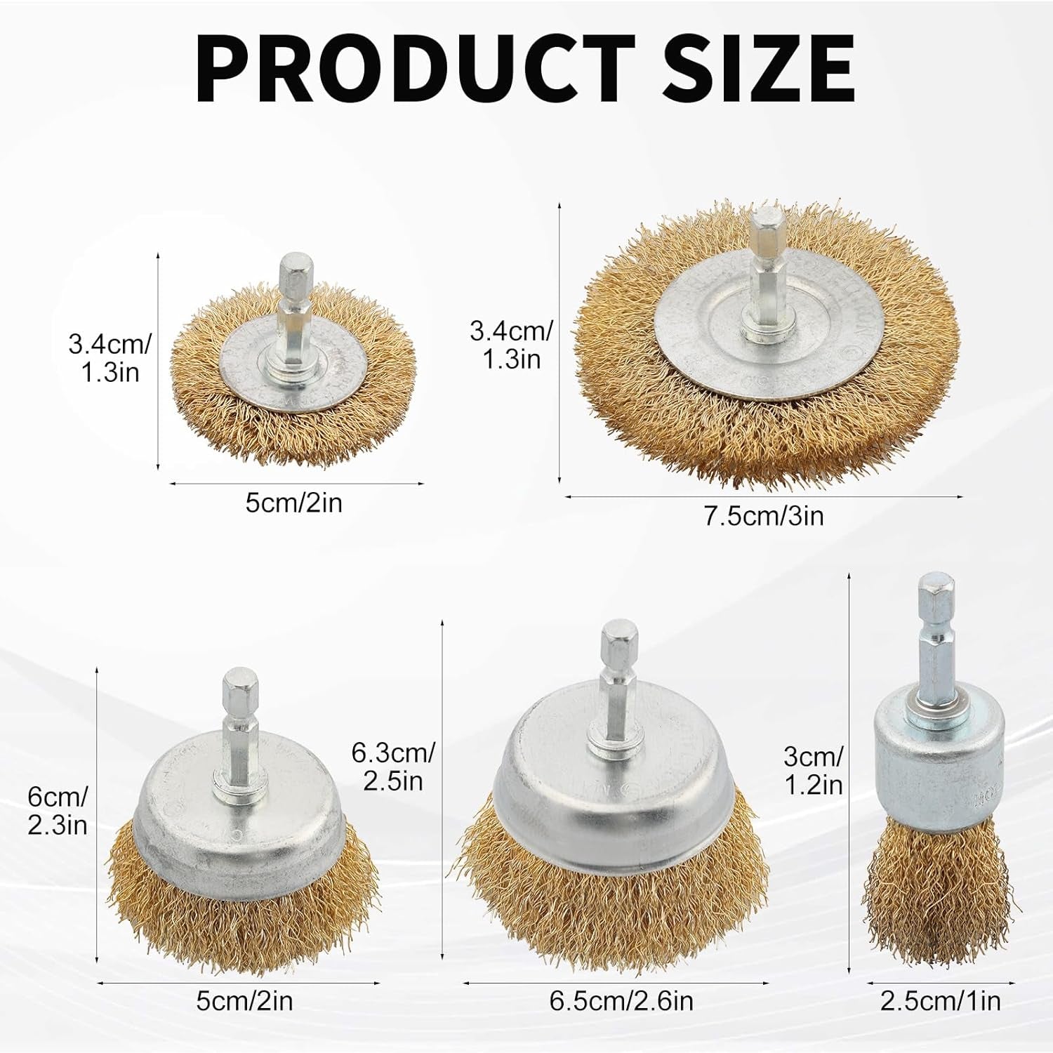 5 Pcs Wire Brush for Drill Set, Brass Wire Wheel for Drill, 1/4 Inch Hex Shank,