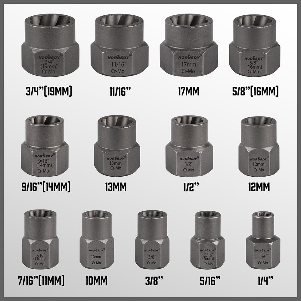Impact Bolt Extractor Set Nut Remover Set Stripped Extraction Socket Tools 15Pcs