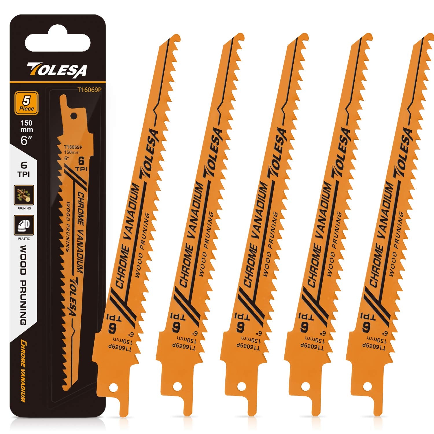 Wood Pruning Reciprocating Saw Blades 6 Inch 6 TPI Sawzall Blades Green Wood Construction and PVC Pipe CRV Sharp Ground Teeth for Quick Cutting Sabre Saw Blades 5 Pack